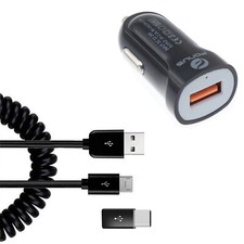 24W Fast Car Charger Coiled USB Cable Micro-USB to USB-C for Cell Phones