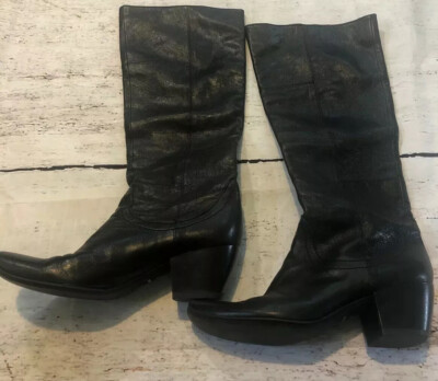 Janet Janet US Size Black Mid-calf Leather Block Heel Womens Boots 