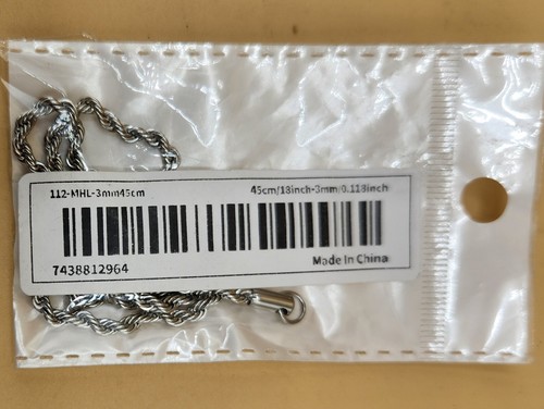 18" Stainless Steel Rope Chain - 3mm/0.118 inch - 1125- MHL , BRAND NEW - Picture 2 of 4