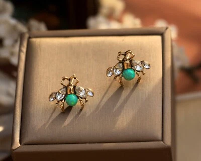 Boucles d'oreilles Clous Doré Petit Insect Abeille Perle Opale Vert QD4 - Photo 1/4