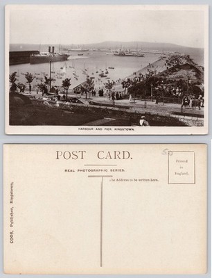 Kingstown Harbour & Pier RPPC c.1900s Ireland Cook Publisher Ships People