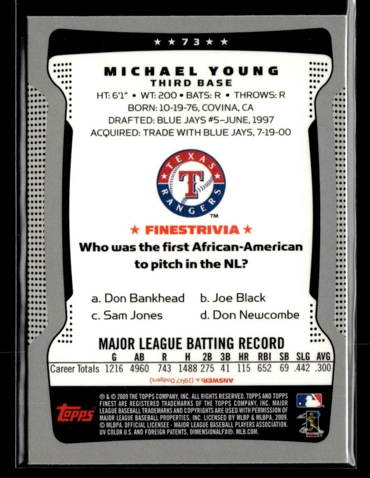 2009 Finest #73 Michael Young Card Texas Rangers - Image 2 of 2