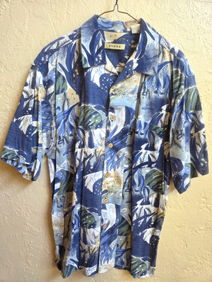 Vtg Summa Shirt Mens Medium Green Blue Cream Sea Life Tropical Short Sleeve