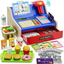 Wooden Cash Register for Kids, Rechargeable Pretend Play Supermarket  Fast Food