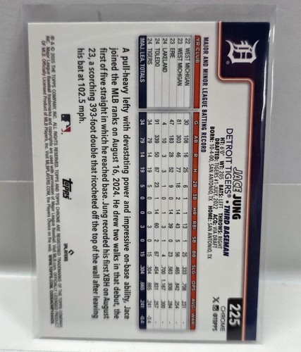 2025 Topps Chrome Jace Jung Detroit Tigers Sepia Refractor Rookie RC #225 - Picture 2 of 3