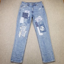 American Eagle Mom Straight Jeans Womens Size 6 X-Long Blue Patches Distressed