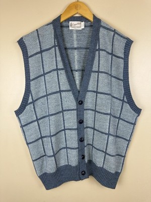 Vintage Clipper Mist Plaid Knit Sweater Vest Blue Grey Grandpacore Men s L
