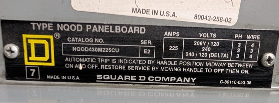 🤪 SQUARE D 225 AMP MAIN BREAKER PANEL INTERIOR 208Y/120 VAC NQOD430M225CU - Image 3 of 4