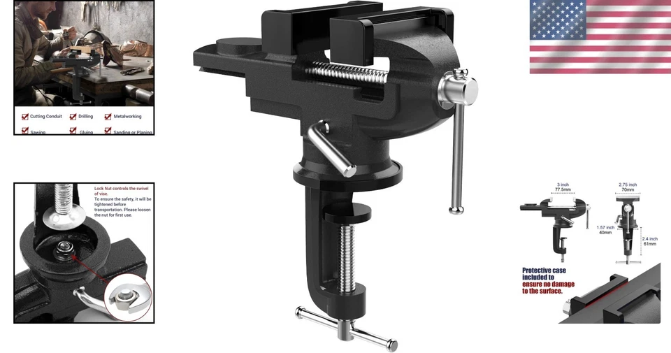 Portable 3-Inch Bench Vise with 360° Swivel Base for Woodworking & Metalworking - Image 2 of 4