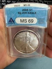 2005 ANACS MS69 American Eagle Silver Dollar $1 - .999 Fine Silver TONER #2001