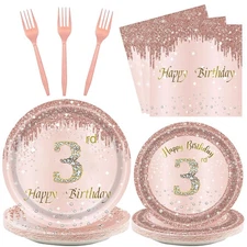 Rose Gold 3rd Birthday Party Supplies Girls 24-Pc Set Plates Napkins Forks fo...