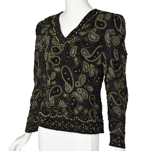 JONA'S Vintage Black & Gold Paisley Beaded Evening Top SIZE M 6-8 - Picture 4 of 7