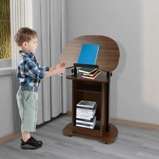Height Adjustable Portable Wood Podium Stand Wheeled Lectern with Storage Shelf