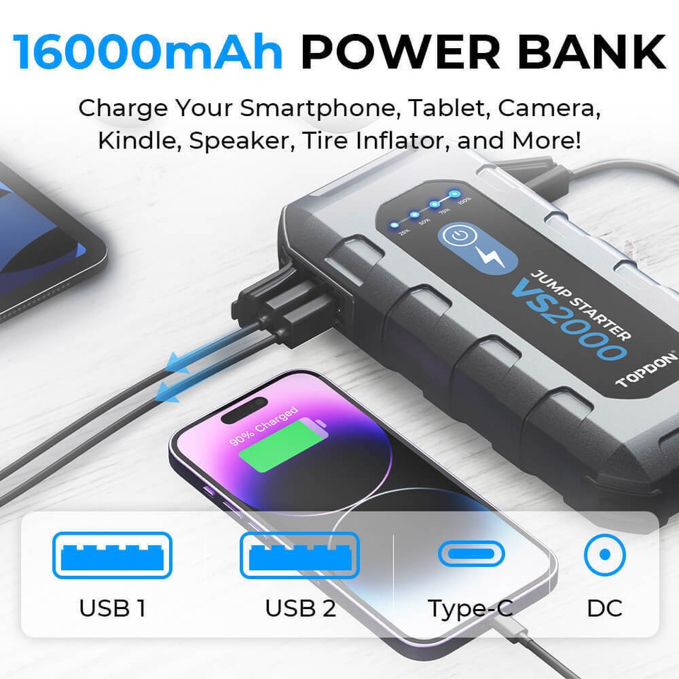 TOPDON VS2000 2000 Peak Amp Jump Starter Portable Battery Booster 12V