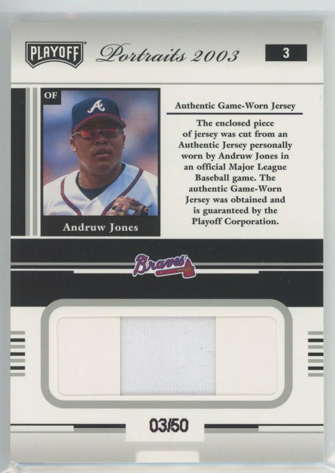 Футболка Эндрю Джонса - 2003 Playoff Portraits No3 материалы серебро No03/50 GU трудно найти - Изображение 2 из 2