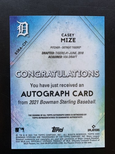 Casey Mize 2021 Bowman Rookie Auto Sterling Blue Refractor /25 #BSRA-CM RC Clean - Picture 2 of 2