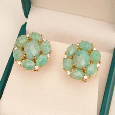Natural Green Amazonite Gold Plated Gem Earrings Zircon Set Women's Wedding Day
