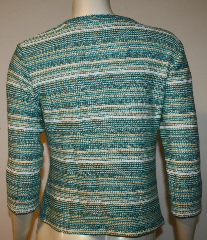 Per Una Cardigan Sweater M Blue Striped Button Trim 3/4 Sleeves - Image 4 of 4