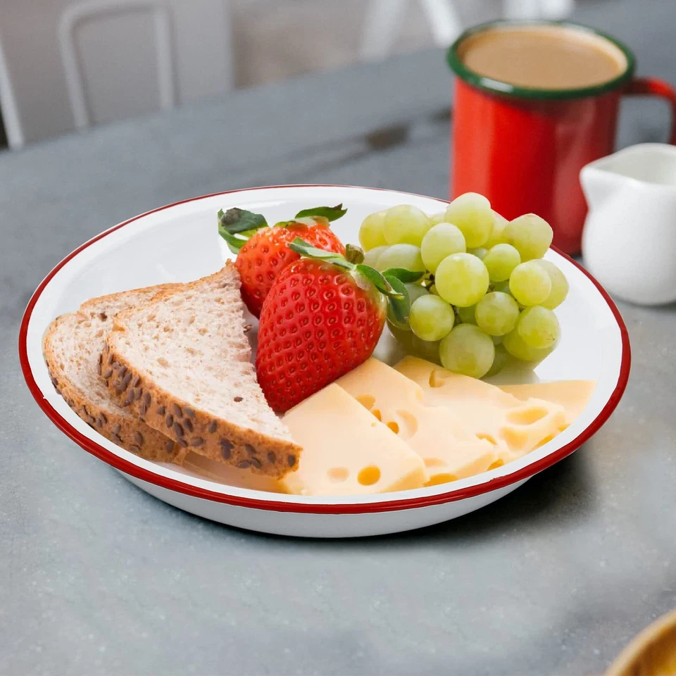 Set of 4 Enamel Dinner Plates 10 Inch Round Dinner Plate with Red Rim Retro S... - Image 3 of 4