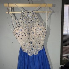 Blue Beaded Sequin Halter Backless Long Chiffon Formal Prom Ballgown Dress