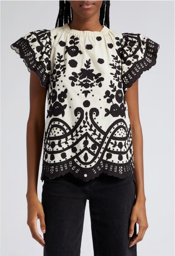 $295 JOELLE APPLIQUE FLUTTER SHORT SLEEVE TOP BLOUSE from ANTHROPOLOGIE Size S - Picture 10 of 24