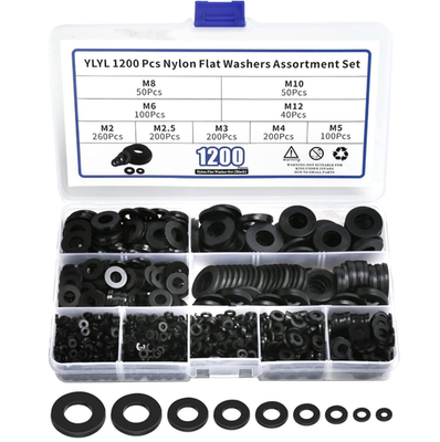 #ad 1200PCS Nylon Flat Washer Assortment Kit M2 M12 Black Plastic Fender Washers $19.99