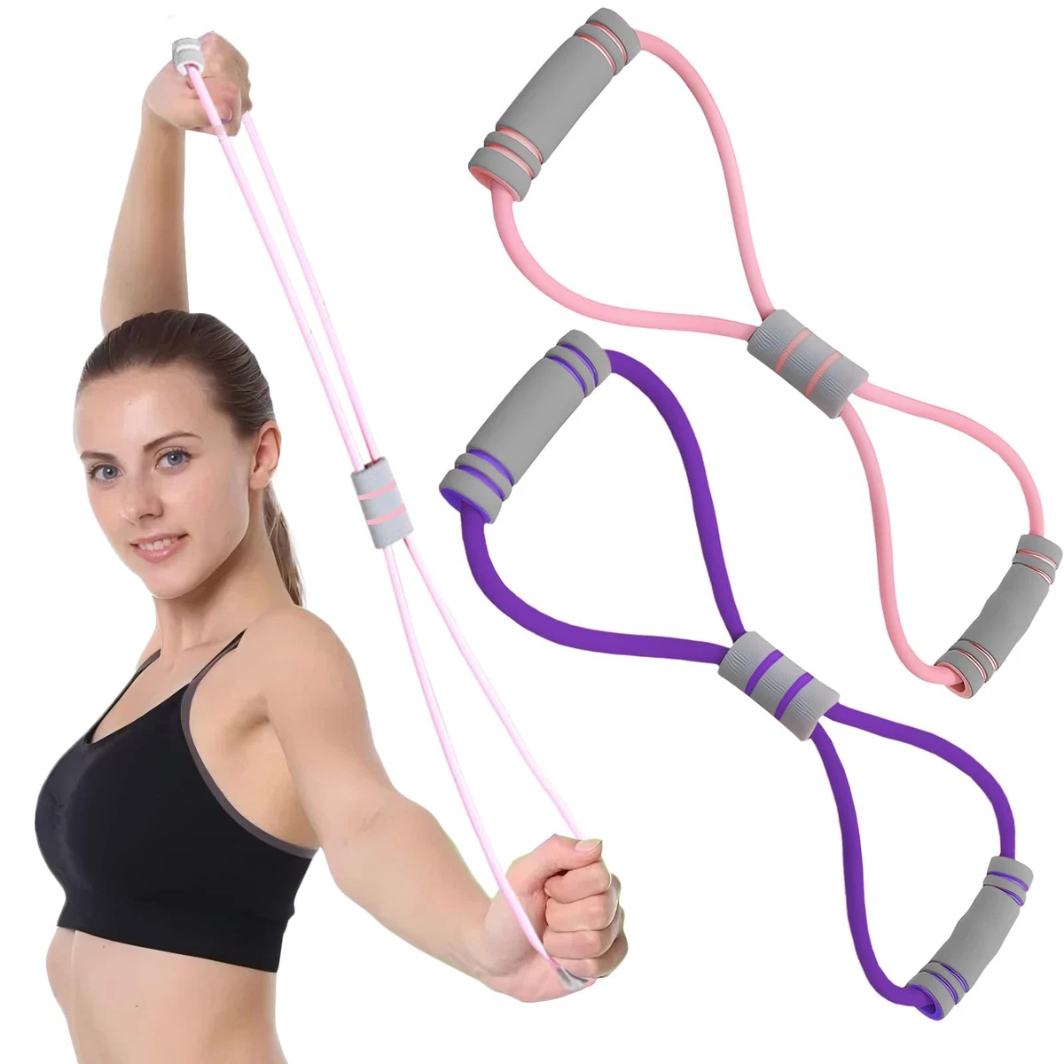 8-Shaped Resistance Bands Pair with Handles 25 & 38lbs Strength – Pink/Purple