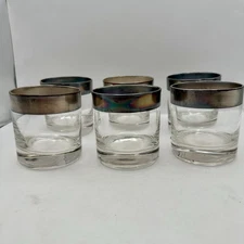 Dorothy Thorpe Silver Plate Banded Lowball Old Fashioned 6 Glass Set MCM Vintage