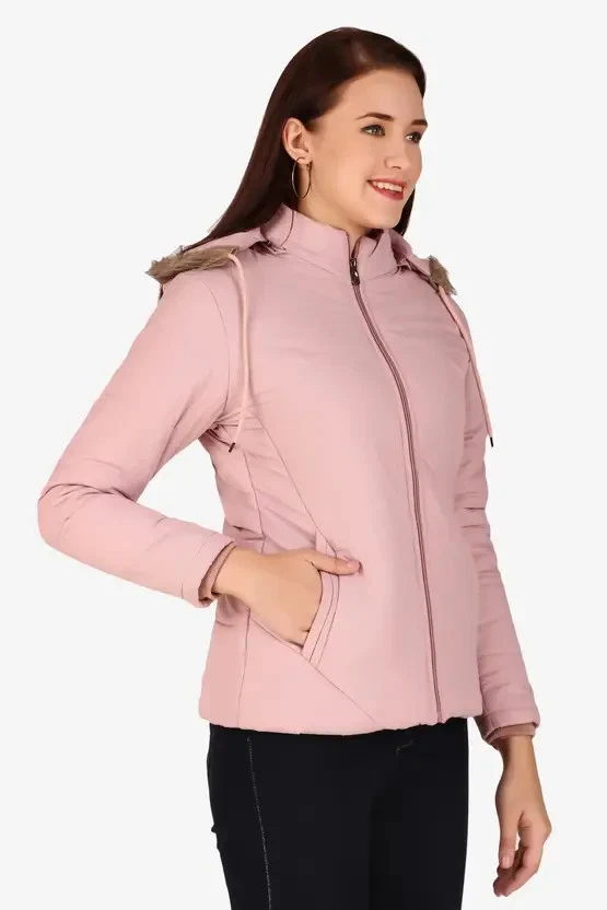 Women Winter Warm Padded Jacket Long Sleeves with Hooded Zipper Nylon Jacket - Image 3 of 4