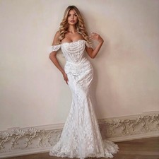 Lace Appliques Mermaid Wedding Dress Shiny Off Shoulder Bridal Gown Customized
