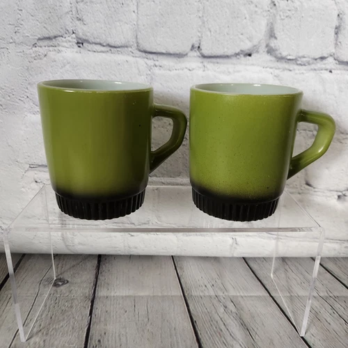 Anchor Hocking Fire King Avocado Green Stackable Coffee Cups Mugs Lot of 2 VTG