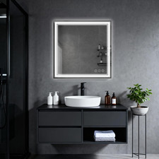 LED Bathroom Mirror 30"X30", 3 Colors Frontlit, Stepless Dimmable, Anti-Fog, Mem