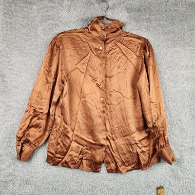 Vintage Courtney Rhodes Blouse Womens 8 Brown Silk Satin 80s Preppy High Button