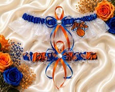 Elegant New York Knicks Inspired Wedding Garter Set  Royal Blue Satin