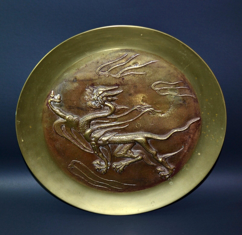 VTG Old 1920s 30's Chinese Export Bronze Cast Dragon Relief Wall Art Plate