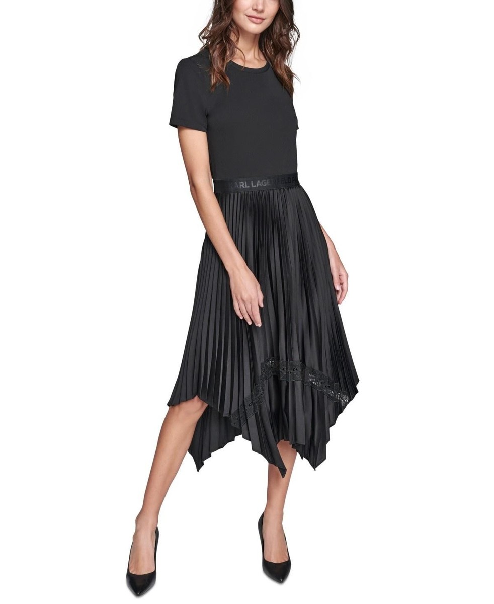 Karl Lagerfeld Paris Dress Womens Size M Black Pleated T-Shirt Fit & Flare  $159 | eBay