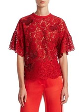 VALENTINO Cotton Viscose Floral Butterfly Lace Blouse Top T-Shirt Deep Red 38 S