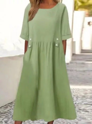 2023 kurzärmeliges Damenkleid aus Baumwolle Leinen Sommerkleider Midi Maxi Boho Freizeitkleid - Bild 4 von 18