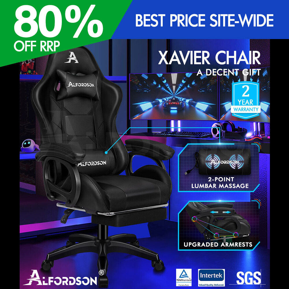 ALFORDSON Silla Gaming con Masaje Reposapiés Silla Escritorio de Oficina Negro