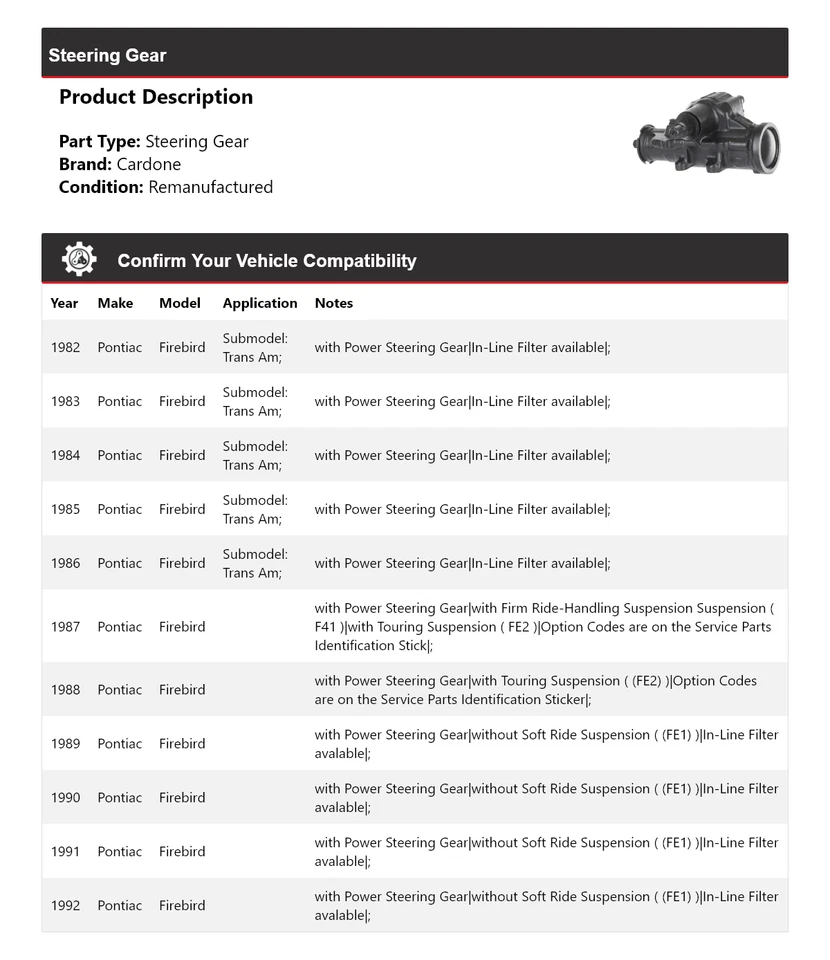 Engranaje de dirección Cardone para Pontiac Firebird 1982-1992 1983 1984 1985 1986 1987 Foto 2 de 4