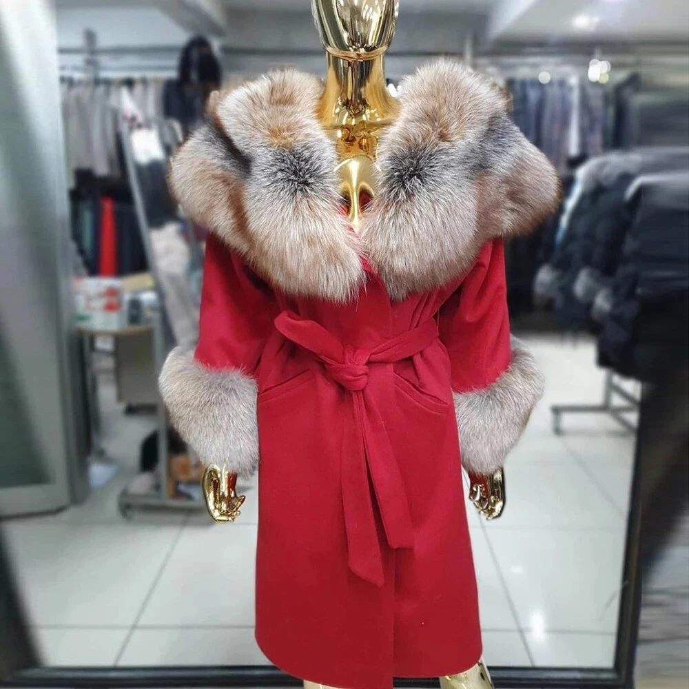 Cashmere coat with fox fur clearance collar