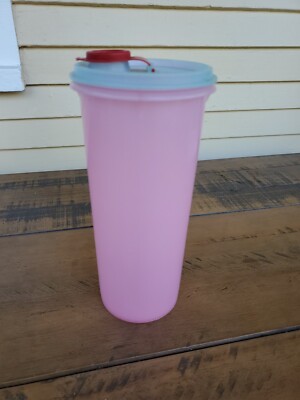 VINTAGE 70s TUPPERWARE 262-13 Pimk beverage CONTAINER  w/ Blue LID Red Top