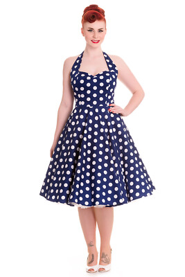 Hell Bunny Marian Navy Blue and White Polka Dot Halter Flare Party Dress |  eBay