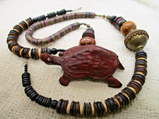 TRIBAL BRASS ETHNIC BOHO FOLK ART LG TURTLE NECKLACE VTG ANTIQUE ESTATE JEWELRY