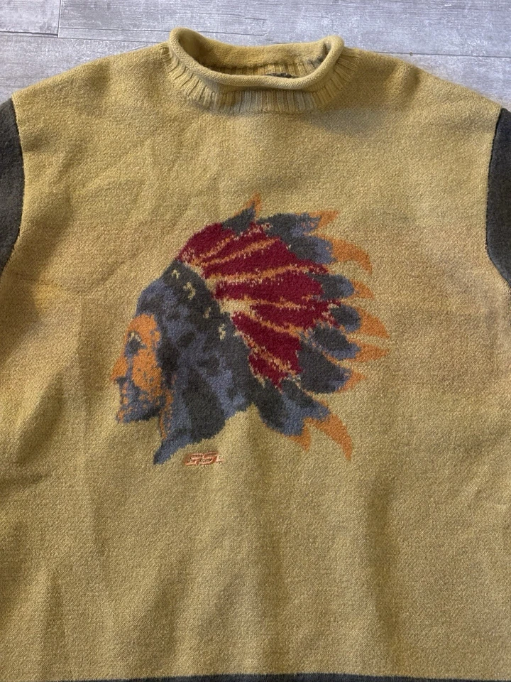 Vintage 90's GSL Native American Sweater Flames 2xL Wool Laine, Multicolor RARE - Image 2 of 4