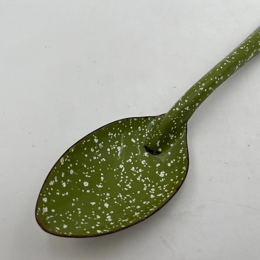 Vintage 14" Enamelware Green Speckled Cooking Serving Spoon Camping Farmhouse - Image 2 of 4