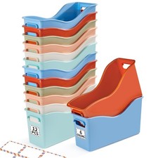 12 Pack Plastic Book Bins for Classroom with Labels 11.8 3.5 7.1 in Boho Maga...