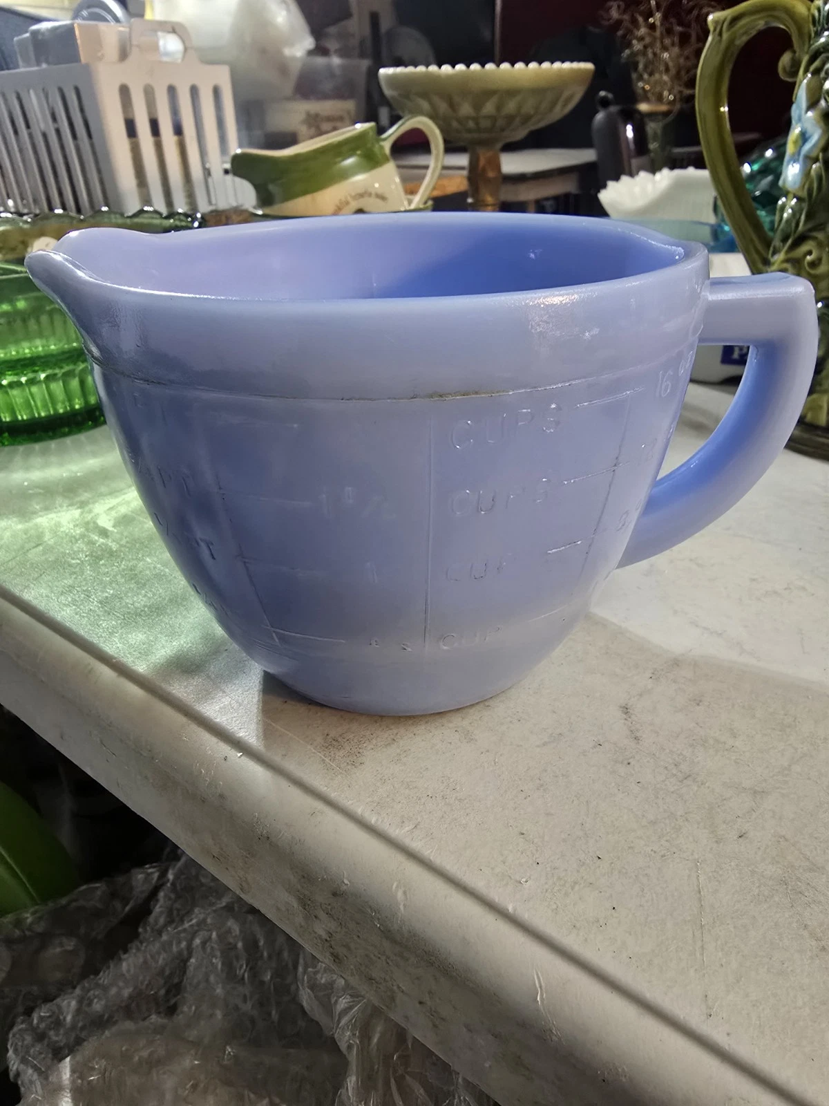 Vintage MaKee 2 Cup Measuring Picture In Delphite Blue Glass