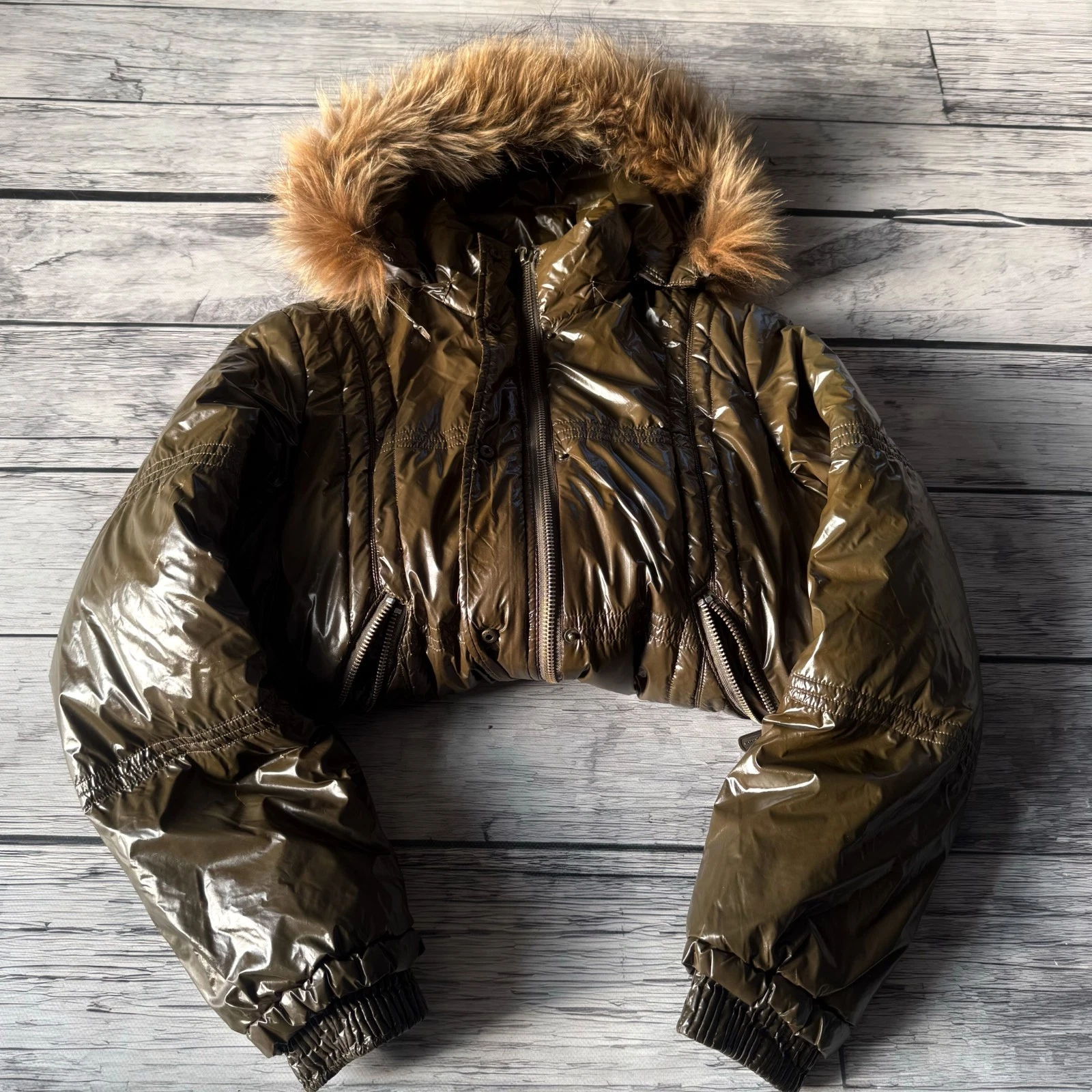 Y2K Glossy Puffer Jacket Fur Hood Brown Cropped Shiny Vintage Winter