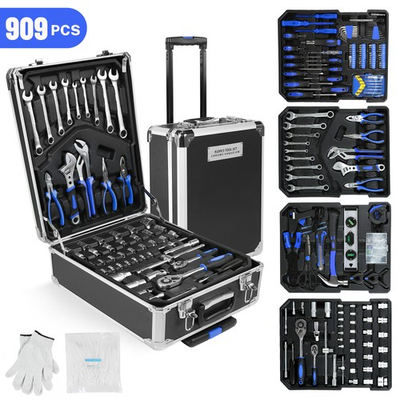 #ad #ad Tool Set Mechanics Tool Kit 909 PCS Wrenches Socket with Trolley Case Box Silver $98.00
